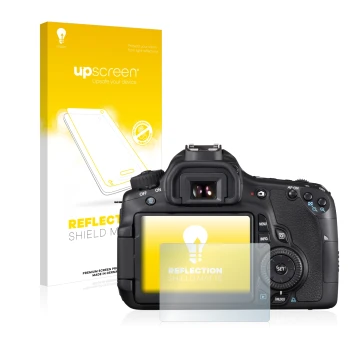 Parte frontal de un envase de producto con el logotipo de la marca upscreen. Al lado se muestra el dispositivo Canon EOS 60D c