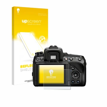 Parte frontal de un envase de producto con el logotipo de la marca upscreen. Al lado se muestra el dispositivo Sony Alpha 580 