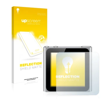 Parte frontal de un envase de producto con el logotipo de la marca upscreen. Al lado se muestra el dispositivo Apple iPod nano