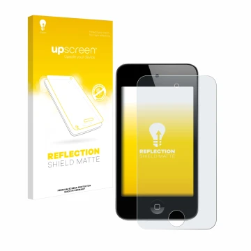 Parte frontal de un envase de producto con el logotipo de la marca upscreen. Al lado se muestra el dispositivo Apple iPod Touc