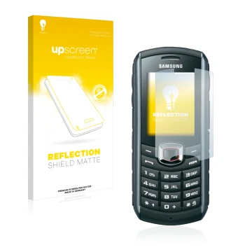 Parte frontal de un envase de producto con el logotipo de la marca upscreen. Al lado se muestra el dispositivo Samsung B2710 c