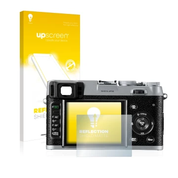 Parte frontal de un envase de producto con el logotipo de la marca upscreen. Al lado se muestra el dispositivo Fujifilm FinePi