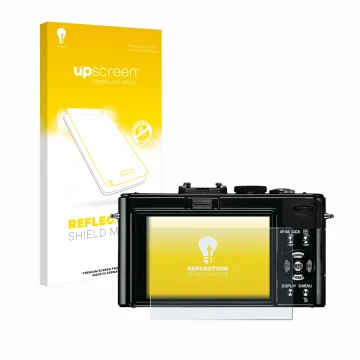 Parte frontal de un envase de producto con el logotipo de la marca upscreen. Al lado se muestra el dispositivo Leica D-Lux 5 c