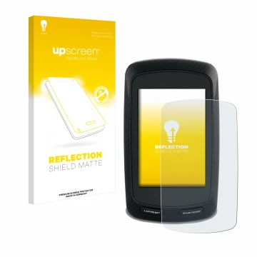 Parte frontal de un envase de producto con el logotipo de la marca upscreen. Al lado se muestra el dispositivo Garmin Edge 800