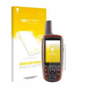 Parte frontal de un envase de producto con el logotipo de la marca upscreen. Al lado se muestra el dispositivo Garmin GPSMAP 6