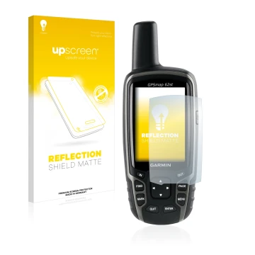 Parte frontal de un envase de producto con el logotipo de la marca upscreen. Al lado se muestra el dispositivo Garmin GPSMAP 6