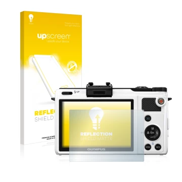 Parte frontal de un envase de producto con el logotipo de la marca upscreen. Al lado se muestra el dispositivo Olympus XZ-1 co