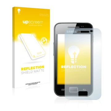 Parte frontal de un envase de producto con el logotipo de la marca upscreen. Al lado se muestra el dispositivo Samsung Galaxy 
