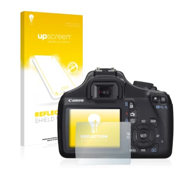 Parte frontal de un envase de producto con el logotipo de la marca upscreen. Al lado se muestra el dispositivo Canon EOS 1100D