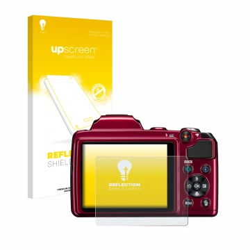 Parte frontal de un envase de producto con el logotipo de la marca upscreen. Al lado se muestra el dispositivo Nikon Coolpix L