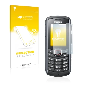 Parte frontal de un envase de producto con el logotipo de la marca upscreen. Al lado se muestra el dispositivo Samsung GT-B271