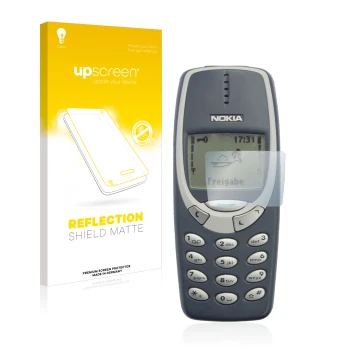 Parte frontal de un envase de producto con el logotipo de la marca upscreen. Al lado se muestra el dispositivo Nokia 3310 2011