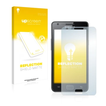 Parte frontal de un envase de producto con el logotipo de la marca upscreen. Al lado se muestra el dispositivo Samsung Galaxy 