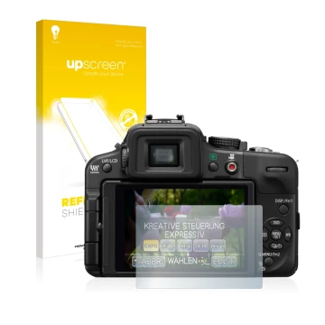 Parte frontal de un envase de producto con el logotipo de la marca upscreen. Al lado se muestra el dispositivo Panasonic Lumix