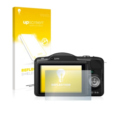Parte frontal de un envase de producto con el logotipo de la marca upscreen. Al lado se muestra el dispositivo Panasonic Lumix