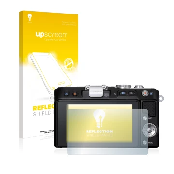 Parte frontal de un envase de producto con el logotipo de la marca upscreen. Al lado se muestra el dispositivo Olympus PEN E-P