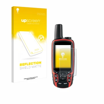 Parte frontal de un envase de producto con el logotipo de la marca upscreen. Al lado se muestra el dispositivo Garmin Astro 32