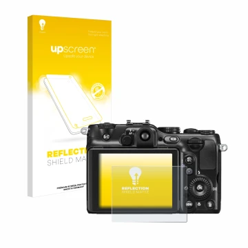 Parte frontal de un envase de producto con el logotipo de la marca upscreen. Al lado se muestra el dispositivo Nikon Coolpix P
