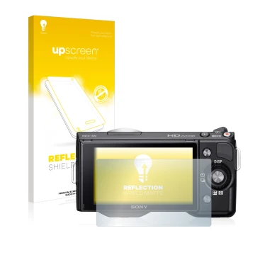 Parte frontal de un envase de producto con el logotipo de la marca upscreen. Al lado se muestra el dispositivo Sony Alpha NEX-