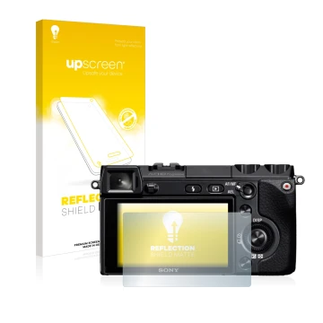 Parte frontal de un envase de producto con el logotipo de la marca upscreen. Al lado se muestra el dispositivo Sony Alpha NEX-