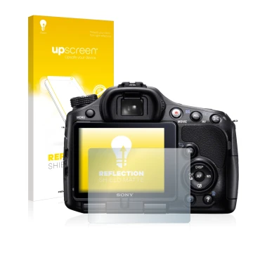 Parte frontal de un envase de producto con el logotipo de la marca upscreen. Al lado se muestra el dispositivo Sony Alpha 65V 