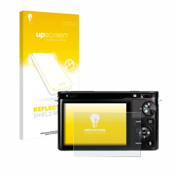 Parte frontal de un envase de producto con el logotipo de la marca upscreen. Al lado se muestra el dispositivo Nikon 1 J1 con 