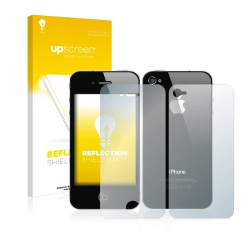 Parte frontal de un envase de producto con el logotipo de la marca upscreen. Al lado se muestra el dispositivo Apple iPhone 4S