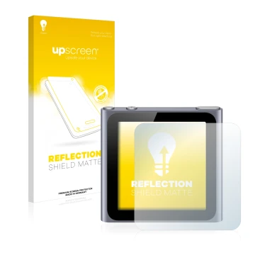 Parte frontal de un envase de producto con el logotipo de la marca upscreen. Al lado se muestra el dispositivo Apple iPod nano