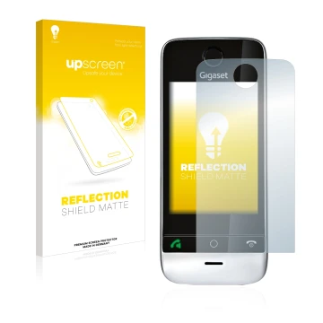 Parte frontal de un envase de producto con el logotipo de la marca upscreen. Al lado se muestra el dispositivo Gigaset SL910 (