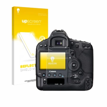 Parte frontal de un envase de producto con el logotipo de la marca upscreen. Al lado se muestra el dispositivo Canon EOS 1D X 