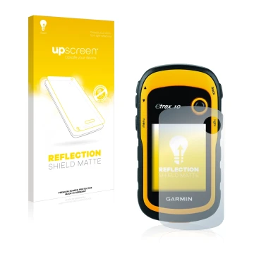 Parte frontal de un envase de producto con el logotipo de la marca upscreen. Al lado se muestra el dispositivo Garmin eTrex 10