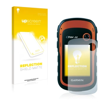 Parte frontal de un envase de producto con el logotipo de la marca upscreen. Al lado se muestra el dispositivo Garmin eTrex 20