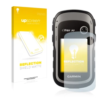 Parte frontal de un envase de producto con el logotipo de la marca upscreen. Al lado se muestra el dispositivo Garmin eTrex 30