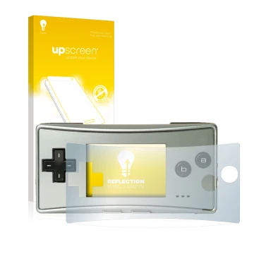 Parte frontal de un envase de producto con el logotipo de la marca upscreen. Al lado se muestra el dispositivo Nintendo Gamebo