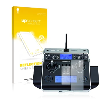 Parte frontal de un envase de producto con el logotipo de la marca upscreen. Al lado se muestra el dispositivo Graupner MC-32 