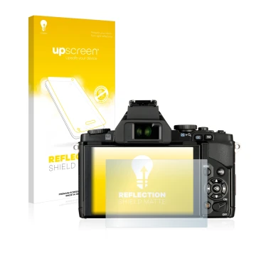 Parte frontal de un envase de producto con el logotipo de la marca upscreen. Al lado se muestra el dispositivo Olympus OM-D E-