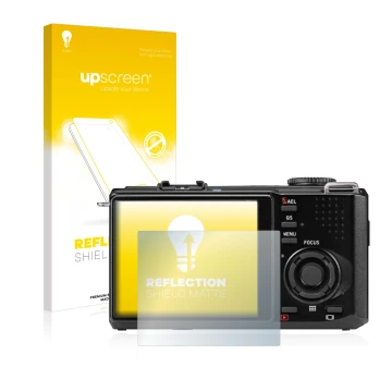 Parte frontal de un envase de producto con el logotipo de la marca upscreen. Al lado se muestra el dispositivo Sigma DP2 Merri