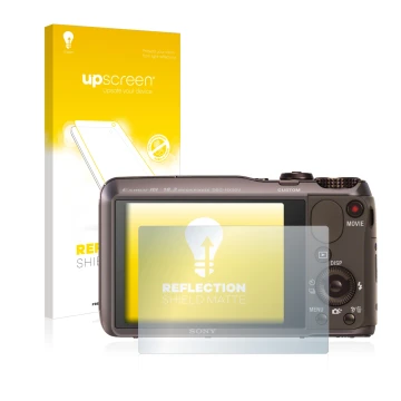 Parte frontal de un envase de producto con el logotipo de la marca upscreen. Al lado se muestra el dispositivo Sony Cyber-Shot