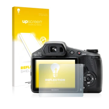 Parte frontal de un envase de producto con el logotipo de la marca upscreen. Al lado se muestra el dispositivo Sony Cyber-Shot