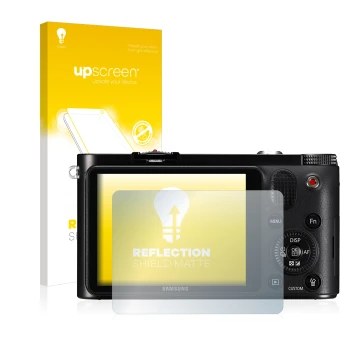 Parte frontal de un envase de producto con el logotipo de la marca upscreen. Al lado se muestra el dispositivo Samsung NX1000 