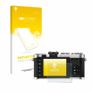 Parte frontal de un envase de producto con el logotipo de la marca upscreen. Al lado se muestra el dispositivo Leica X2 con su
