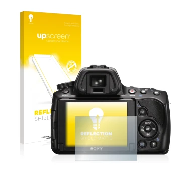 Parte frontal de un envase de producto con el logotipo de la marca upscreen. Al lado se muestra el dispositivo Sony Alpha 37 (