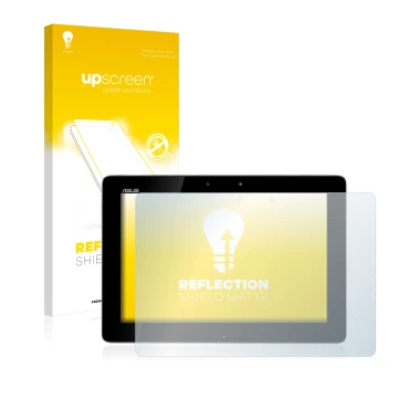 Parte frontal de un envase de producto con el logotipo de la marca upscreen. Al lado se muestra el dispositivo ASUS Transforme