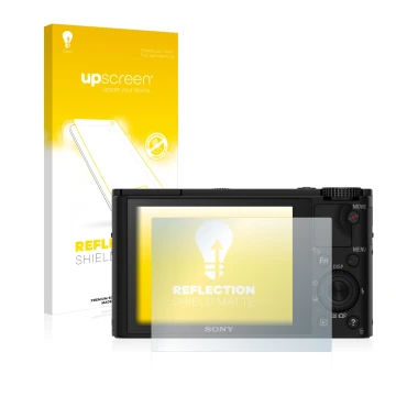 Parte frontal de un envase de producto con el logotipo de la marca upscreen. Al lado se muestra el dispositivo Sony Cyber-Shot