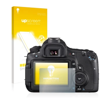 Parte frontal de un envase de producto con el logotipo de la marca upscreen. Al lado se muestra el dispositivo Canon EOS 650D 