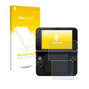 Parte frontal de un envase de producto con el logotipo de la marca upscreen. Al lado se muestra el dispositivo Nintendo 3DS XL