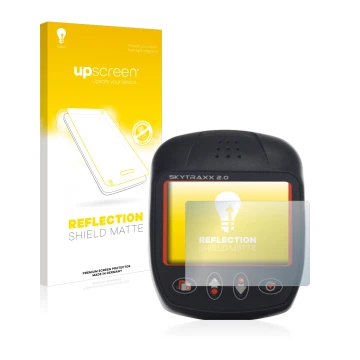 Parte frontal de un envase de producto con el logotipo de la marca upscreen. Al lado se muestra el dispositivo Skytraxx 2.0 Va