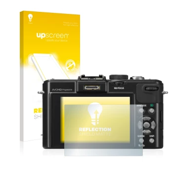 Parte frontal de un envase de producto con el logotipo de la marca upscreen. Al lado se muestra el dispositivo Panasonic Lumix