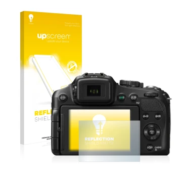 Parte frontal de un envase de producto con el logotipo de la marca upscreen. Al lado se muestra el dispositivo Panasonic Lumix