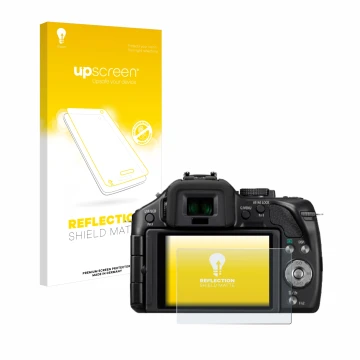 Parte frontal de un envase de producto con el logotipo de la marca upscreen. Al lado se muestra el dispositivo Panasonic Lumix